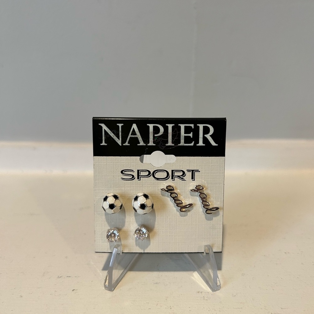 Napier Sport Soccer Earrings Set - Black, White, and Silver